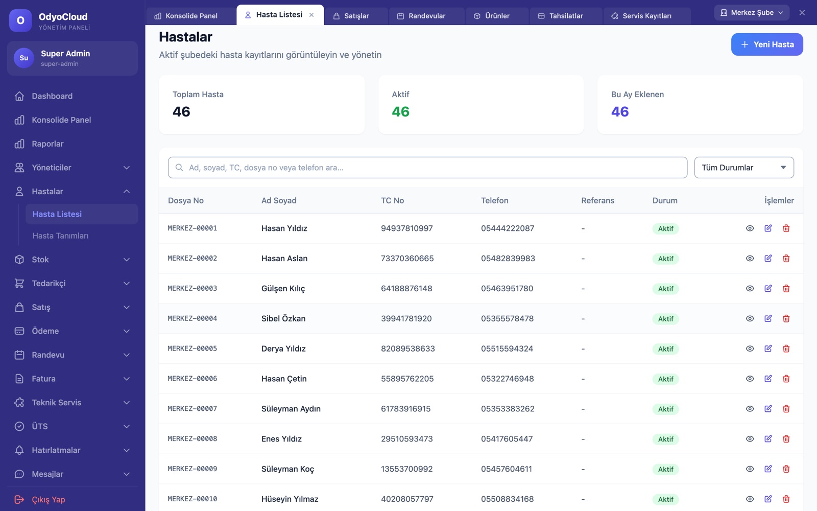OdyoCloud hasta yönetimi ekranı